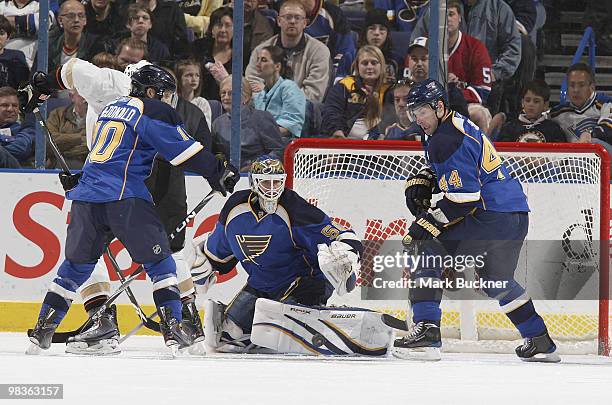 Andy McDonald Chris Mason and Darryl Sydor of the St. Louis Blues defend against the Anaheim Ducks on April 9, 2010 at Scottrade Center in St. Louis,...