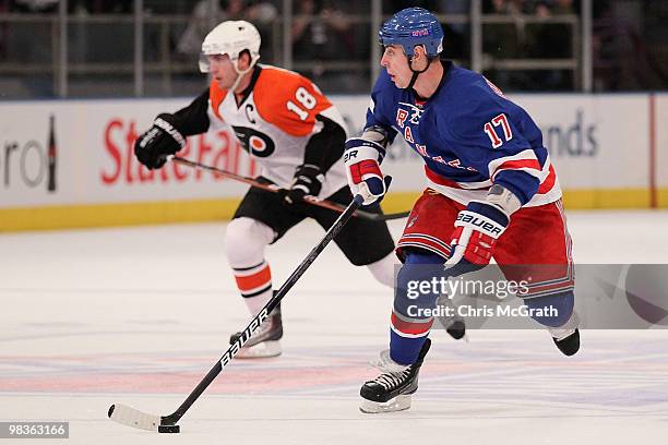 Brandon Dubinsky of the New York Rangers looks to pass against the Philadelphia Flyers during their game on April 9, 2010 at Madison Square Garden in...