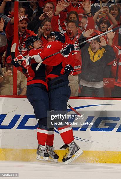 Alex Ovechkin and Nicklas Backstrom of the Washington Capitals celebrate a goal during a NHL hockey game against the Atlanta Thrashers on April 9,...