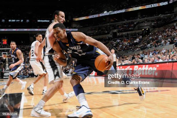 Rudy Gay of the Memphis Grizzlies shoots against Manu Ginobili of the San Antonio Spurs on April 9, 2010 at the AT&T Center in San Antonio, Texas....