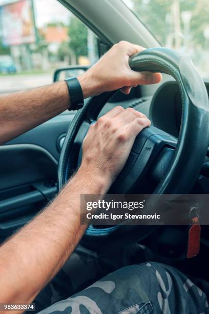 nervous male driver pushing car horn in traffic rush hour - horn press stock pictures, royalty-free photos & images