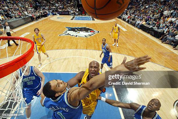 Lamar Odom of the Los Angeles Lakers shoots against Ryan Hollins of the Minnesota Timberwolves during the game on April 9, 2010 at the Target Center...