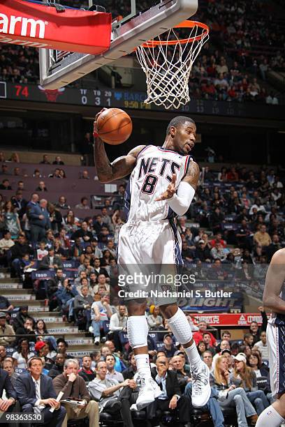 Terrence Williams of the New Jersey Nets rebounds against the Chicago Bulls on April 9, 2010 at the IZOD Center in East Rutherford, New Jersey. NOTE...