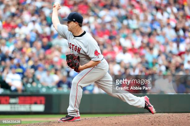 Steven Wright of the Boston Red Sox pitches in the sixth inning against the Seattle Mariners during their game at Safeco Field on June 16, 2018 in...