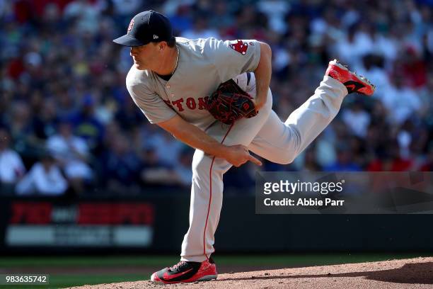 Steven Wright of the Boston Red Sox pitches in the first inning against the Seattle Mariners during their game at Safeco Field on June 16, 2018 in...