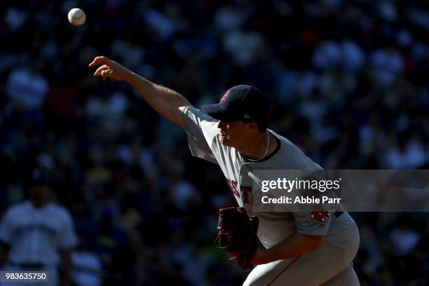 Steven Wright of the Boston Red Sox pitches in the first inning against the Seattle Mariners during their game at Safeco Field on June 16, 2018 in...