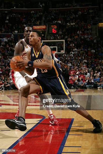 Brandon Rush of the Indiana Pacers drives to the basket against the Cleveland Cavaliers on April 9, 2010 at The Quicken Loans Arena in Cleveland,...