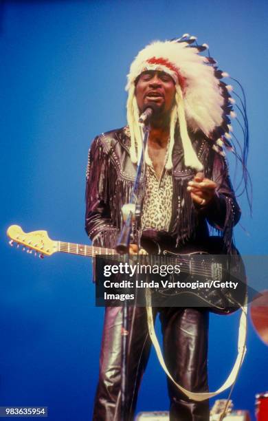 American blues musician Eddy 'The Chief' Clearwater , in a feather headdress, performs at the World Music Institute 'A Festival of the Blues: A Night...