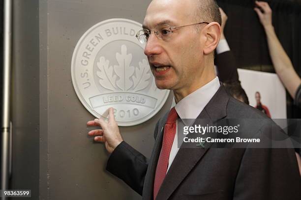 Deputy Commissioner Adam Silver points out the LEED certification Gold plaque and talks about Green Week on April 9, 2010 at the Rose Garden Arena in...