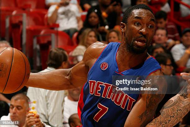 Ben Gordon of the Detroit Pistons drives against the Miami Heat on April 9, 2010 at American Airlines Arena in Miami, Florida. NOTE TO USER: User...