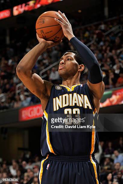 Danny Granger of the Indiana Pacers shoots the jumper against the Cleveland Cavaliers on April 9, 2010 at The Quicken Loans Arena in Cleveland, Ohio....
