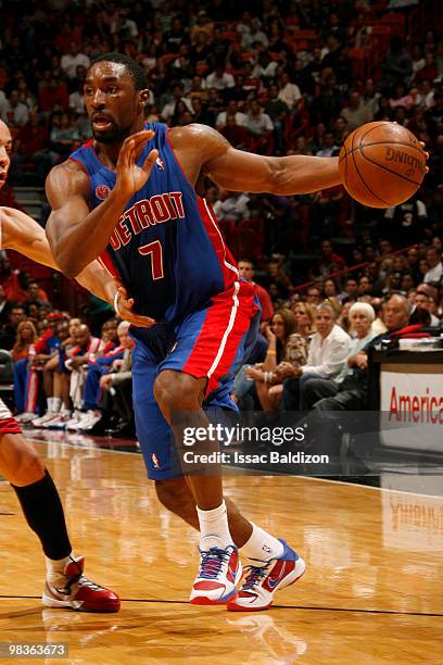 Ben Gordon of the Detroit Pistons drives against the Miami Heat on April 9, 2010 at American Airlines Arena in Miami, Florida. NOTE TO USER: User...