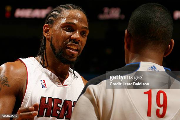 Udonis Haslem of the Miami Heat argues a call by the official against the Detroit Pistons on April 9, 2010 at American Airlines Arena in Miami,...