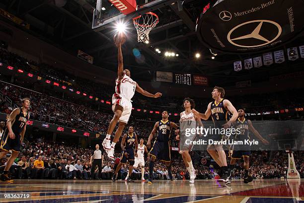 Sebastian Telfair of the Cleveland Cavaliers lays in the shot against the Indiana Pacers on April 9, 2010 at The Quicken Loans Arena in Cleveland,...