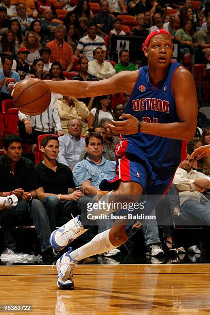 Charlie Villanueva of the Detroit Pistons drives against the Miami Heat on April 9, 2010 at American Airlines Arena in Miami, Florida. NOTE TO USER:...