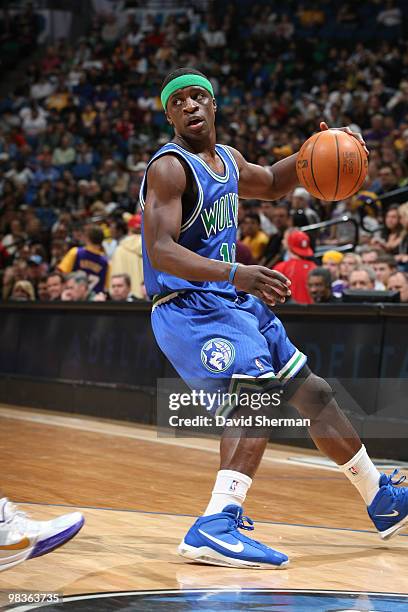 Jonny Flynn of the Minnesota Timberwolves handles the ball against the Los Angeles Lakers during the game on April 9, 2010 at the Target Center in...