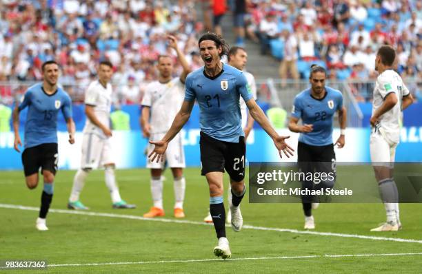 Edinson Cavani of Uruguay celebrates after scoring his team's third goal during the 2018 FIFA World Cup Russia group A match between Uruguay and...