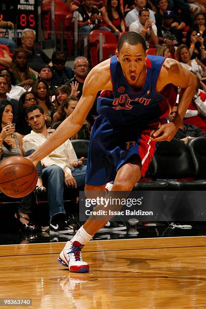 Tayshaun Prince of the Detroit Pistons drives against the Miami Heat on April 9, 2010 at American Airlines Arena in Miami, Florida. NOTE TO USER:...