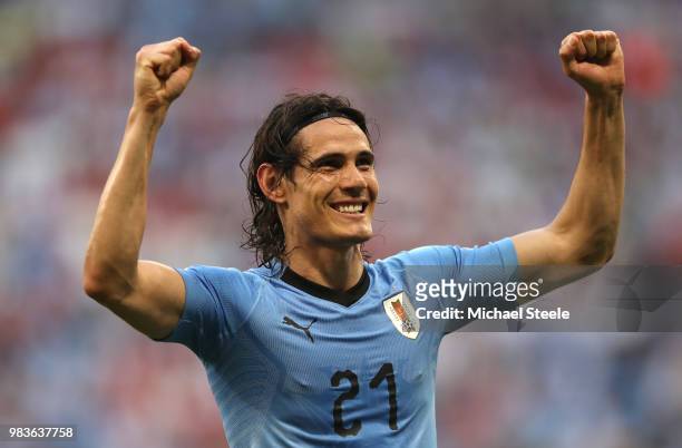 Edinson Cavani of Uruguay celebrates after scoring his team's third goal during the 2018 FIFA World Cup Russia group A match between Uruguay and...