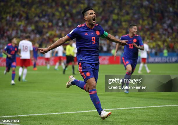 Radamel Falcao of Columbia celebrates scoring his teams second goal during the 2018 FIFA World Cup Russia group H match between Poland and Colombia...