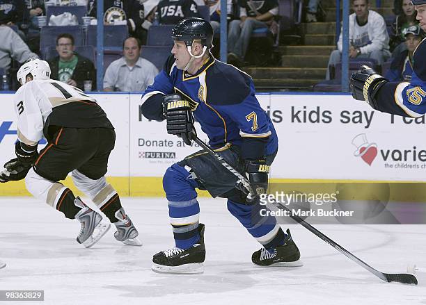 Keith Tkachuk of the St. Louis Blues skates against the Anaheim Ducks on April 9, 2010 at Scottrade Center in St. Louis, Missouri. Tkachuk is...