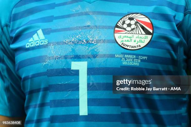 Detail View of the shirt of Essam El Hadary of Egypt during the 2018 FIFA World Cup Russia group A match between Saudi Arabia and Egypt at Volgograd...