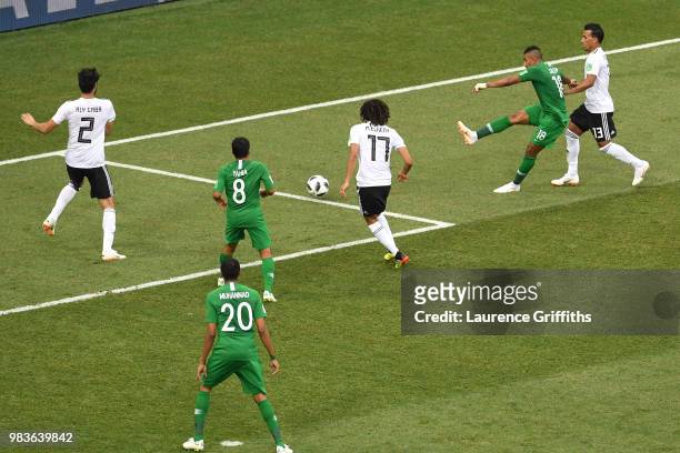 Salem Aldawsari of Saudi Arabia scores his team's second goal during the 2018 FIFA World Cup Russia group A match between Saudia Arabia and Egypt at...