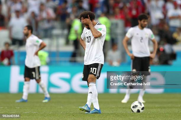 Mohamed Salah of Egypt walks off dejected following the 2018 FIFA World Cup Russia group A match between Saudia Arabia and Egypt at Volgograd Arena...