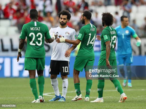 Motaz Hawsawi of Saudi Arabia greets Mohamed Salah of Egypt after the 2018 FIFA World Cup Russia group A match between Saudia Arabia and Egypt at...