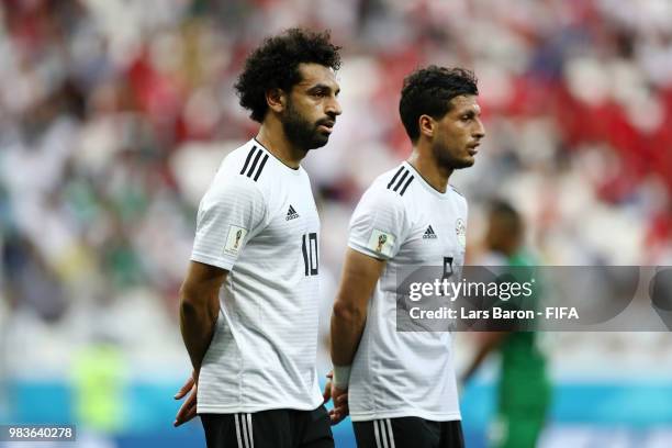 Mohamed Salah of Egypt looks dejected during the 2018 FIFA World Cup Russia group A match between Saudia Arabia and Egypt at Volgograd Arena on June...