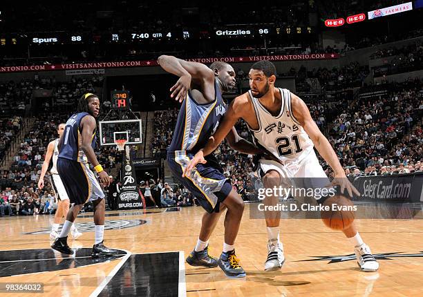 Tim Duncan of the San Antonio Spurs drives against Zach Randolph of the Memphis Grizzlies on April 9, 2010 at the AT&T Center in San Antonio, Texas....