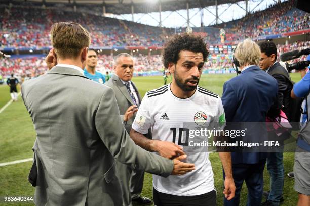 Mohamed Salah of Egypt looks dejected following his sides defeat in the 2018 FIFA World Cup Russia group A match between Saudia Arabia and Egypt at...