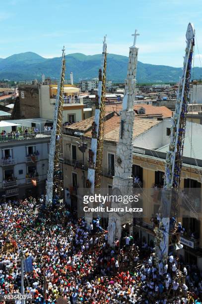 The 25-metre tall wood and papier-mache statue called 'giglio' are displayed during the annual Festa dei Gigli on June 24, 2018 in Nola, Italy. When...