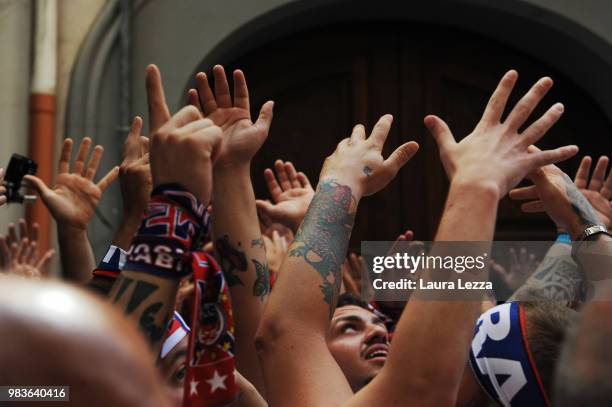 Men carry a 25-metre tall wood and papier-mache statue called 'giglio' during the annual Festa dei Gigli on June 24, 2018 in Nola, Italy. When St....