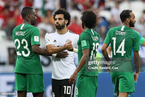 Mohamed Salah of Egypt shakes hands with Yasir Alshahrani of Saudi Arabia following the 2018 FIFA World Cup Russia group A match between Saudia...