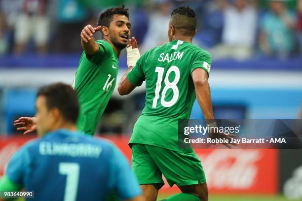 Salem Aldawsari of Saudi Arabia celebrates scoring a goal to make it 2-1 with Hussain Almoqahwi of Saudi Arabia during the 2018 FIFA World Cup Russia...