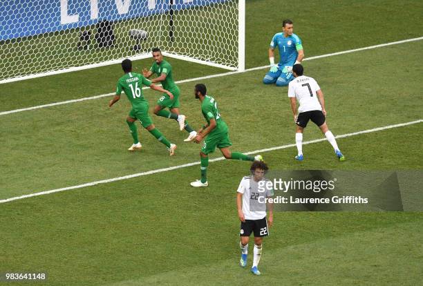 Salem Aldawsari of Saudi Arabia celebrates after scoring his team's second goal during the 2018 FIFA World Cup Russia group A match between Saudia...