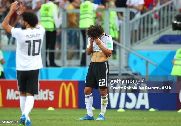 Amr Warda of Egypt looks dejected at the end of the 2018 FIFA World Cup Russia group A match between Saudi Arabia and Egypt at Volgograd Arena on...