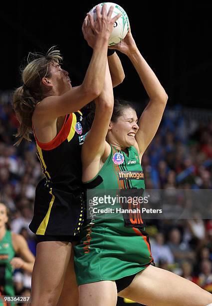 Irene van Dyk of the Magic contests with Susan Fuhrmann of the Fever for the ball during the round four ANZ Championship match between the Waikato...