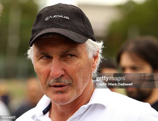 Collingwood coach Michael Malthouse speaks with the Collingwood VFL coach Gavin Brown during the round one VFL match between Collingwood and...