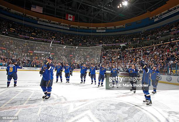 Keith Tkachuk of the St. Louis Blues and his teammates salute the fans after the last home game of the season on April 9, 2010 at Scottrade Center in...