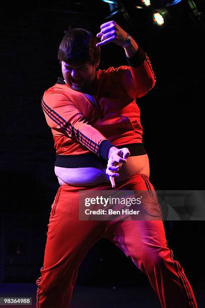 Air Guitarist Vlad DM Wailer performs at the 2010 US Air Guitar Championship at the Brooklyn Bowl on April 9, 2010 in the borough of Brooklyn in New...