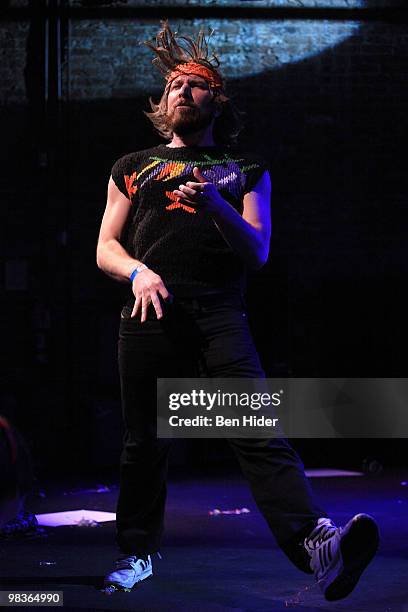 Air Guitar Champion William Ocean performs at the 2010 US Air Guitar Championship at the Brooklyn Bowl on April 9, 2010 in the borough of Brooklyn in...