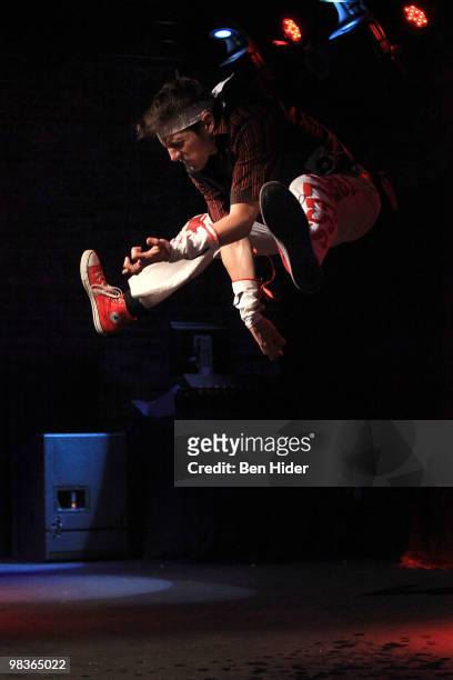 Air Guitarist Tommy Fretless performs at the 2010 US Air Guitar Championship at the Brooklyn Bowl on April 9, 2010 in the borough of Brooklyn in New...