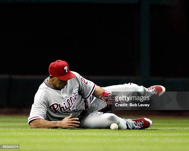 Left fielder Raul Ibanez of the Philadelphia Phillies comes up short on a sinking line drive off the bat of Michael Bourn in the seventh inning at...
