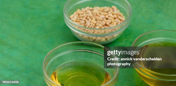 pine nuts, extra-virgin olive oil and hazelnut oil - acid stock pictures, royalty-free photos & images