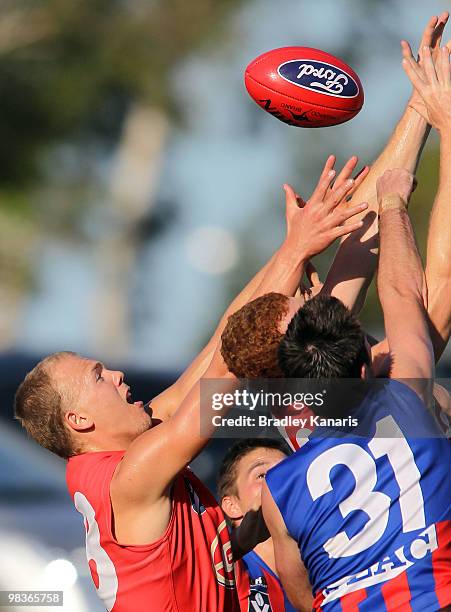 Nathan Ablett of the Gold Coast competes for the ball during the round one VFL match between the Gold Coast Football Club and Port Melbourne at...