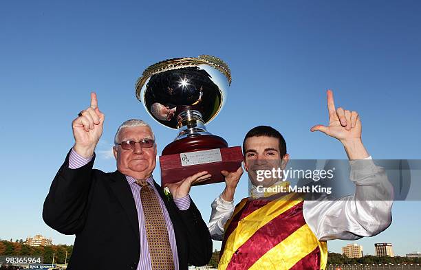 Trainer John Wallace and jockey Stathi Katsidis celebrate after riding Shoot Out to win race seven The David Jones AJC Australian Derby during 2010...