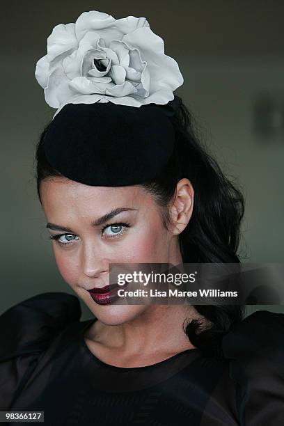 Megan Gale poses at the David Jones marquee during Australian Derby Day at Royal Randwick Racecourse on April 10, 2010 in Sydney, Australia.