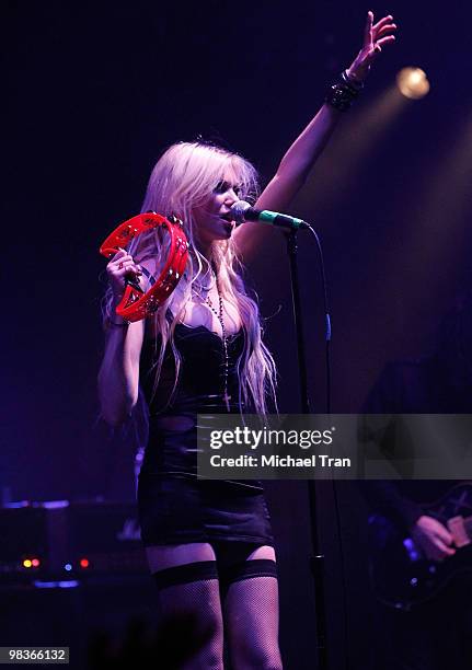 Taylor Momsen of Pretty Reckless performs at the VANS Warped Tour 2010 press conference and kick-off party held at the Key Club on April 9, 2010 in...